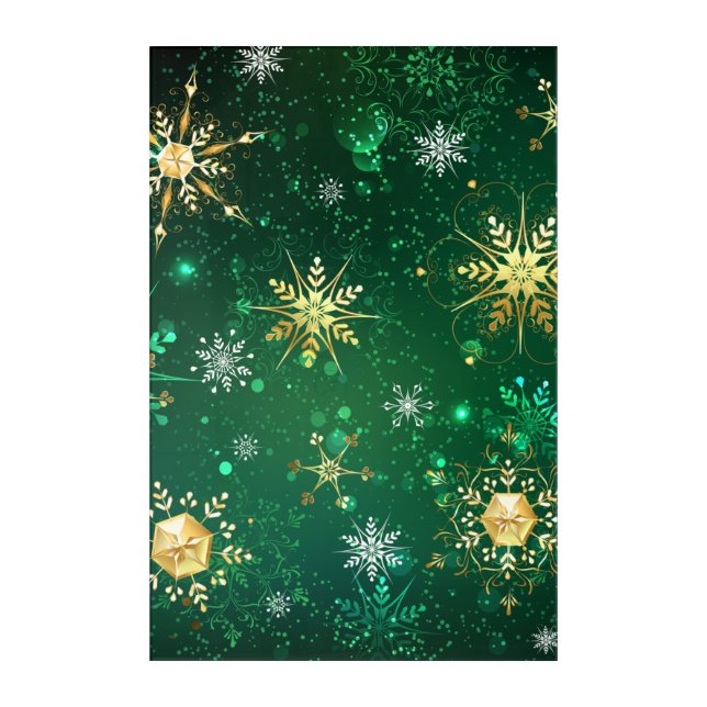 Xmas Golden Snowflakes on Green Background Acrylic Print (Front)