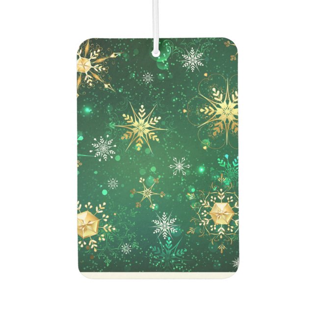 Xmas Golden Snowflakes on Green Background Air Freshener (Front)