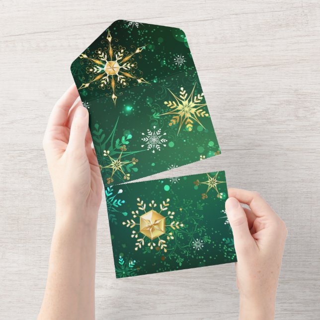 Xmas Golden Snowflakes on Green Background All In One Invitation (Tearaway)