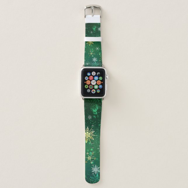 Xmas Golden Snowflakes on Green Background Apple Watch Band (Front)