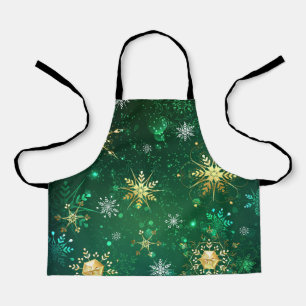 Xmas Golden Snowflakes on Green Background Apron
