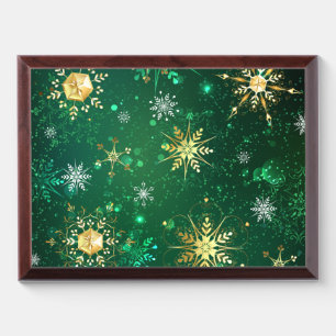 Xmas Golden Snowflakes on Green Background Award Plaque