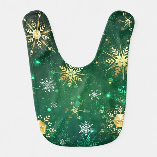 Xmas Golden Snowflakes on Green Background Baby Bib