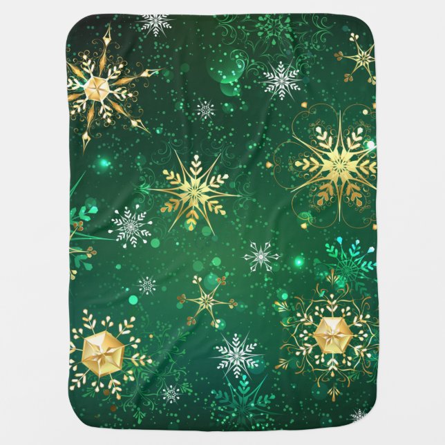 Xmas Golden Snowflakes on Green Background Baby Blanket (Front)