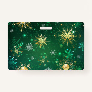 Xmas Golden Snowflakes on Green Background Badge