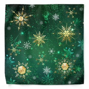 Xmas Golden Snowflakes on Green Background Bandana