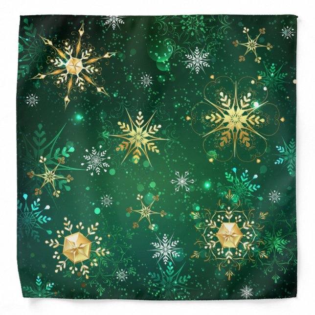 Xmas Golden Snowflakes on Green Background Bandana (Front)