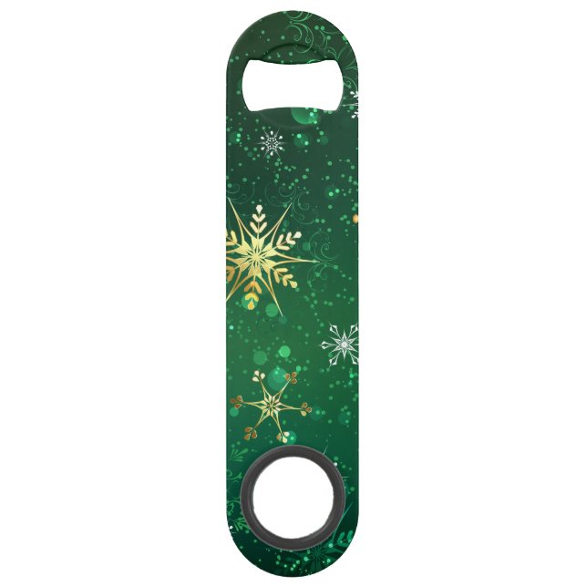 Xmas Golden Snowflakes on Green Background Bar Key (Front)
