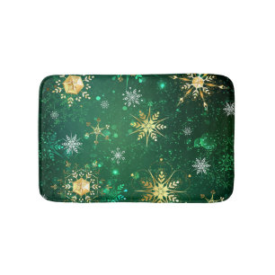 Xmas Golden Snowflakes on Green Background Bath Mat