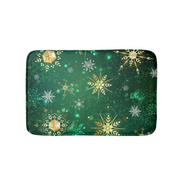 Xmas Golden Snowflakes on Green Background Bath Mat (Front)