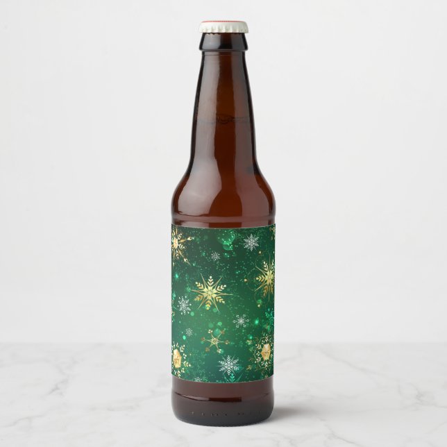 Xmas Golden Snowflakes on Green Background Beer Bottle Label (Front)