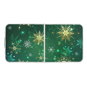Xmas Golden Snowflakes on Green Background Beer Pong Table
