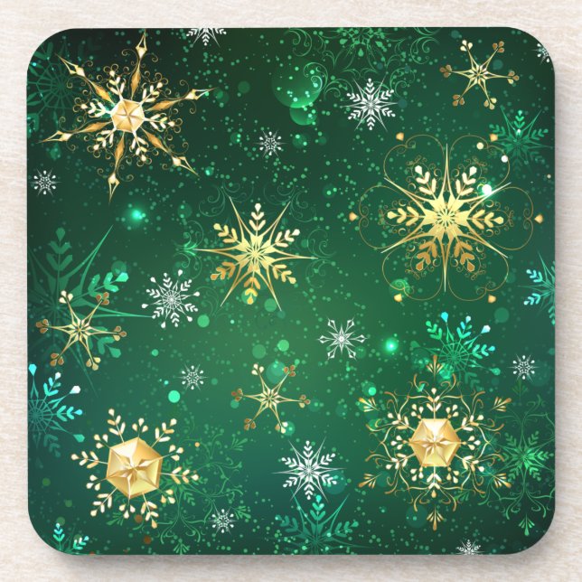 Xmas Golden Snowflakes on Green Background Beverage Coaster (Front)