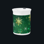 Xmas Golden Snowflakes on Green Background Beverage Pitcher<br><div class="desc">Green Christmas background with gold and green jewelry snowflakes. Golden snowflakes. Xmas.</div>