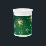 Xmas Golden Snowflakes on Green Background Beverage Pitcher<br><div class="desc">Green Christmas background with gold and green jewelry snowflakes. Golden snowflakes. Xmas.</div>