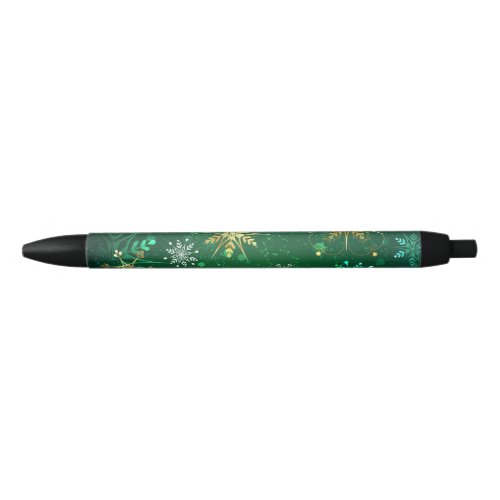 Xmas Golden Snowflakes on Green Background Black Ink Pen