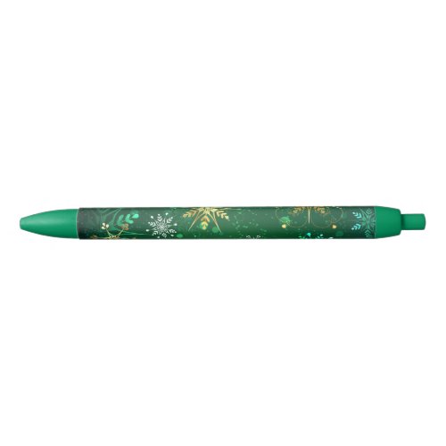 Xmas Golden Snowflakes on Green Background Black Ink Pen