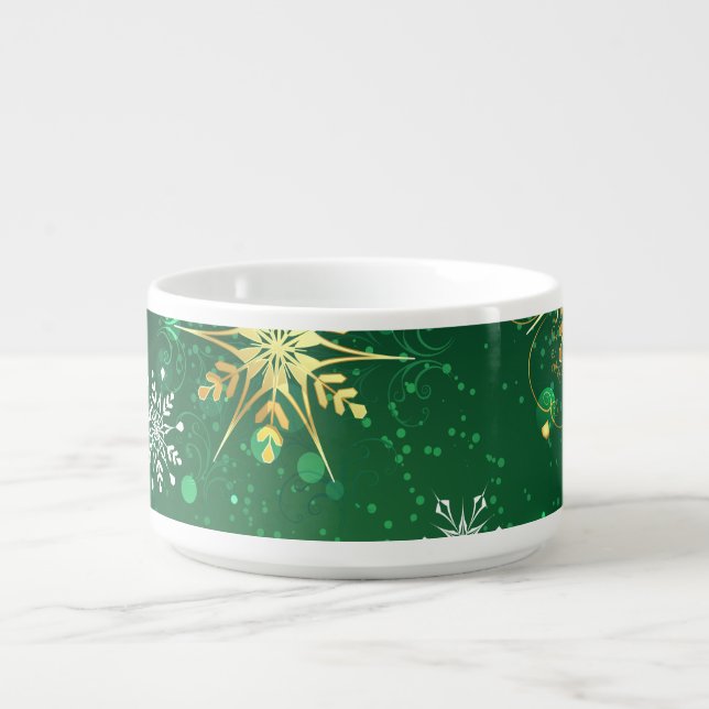 Xmas Golden Snowflakes on Green Background Bowl (Center)