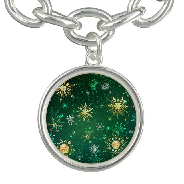 Xmas Golden Snowflakes on Green Background Bracelet (Design)