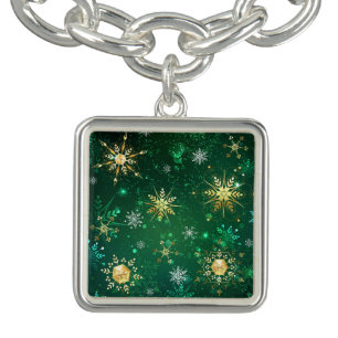 Xmas Golden Snowflakes on Green Background Bracelet