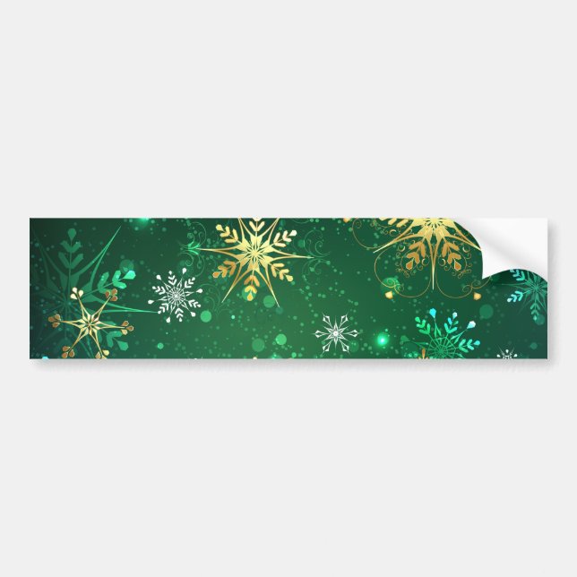 Xmas Golden Snowflakes on Green Background Bumper Sticker (Front)