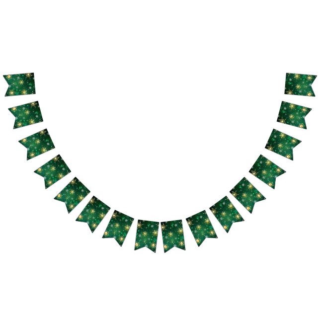 Xmas Golden Snowflakes on Green Background Bunting Flags (All)