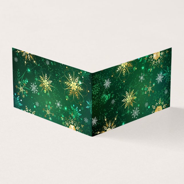 Xmas Golden Snowflakes on Green Background Business Card (Outside)