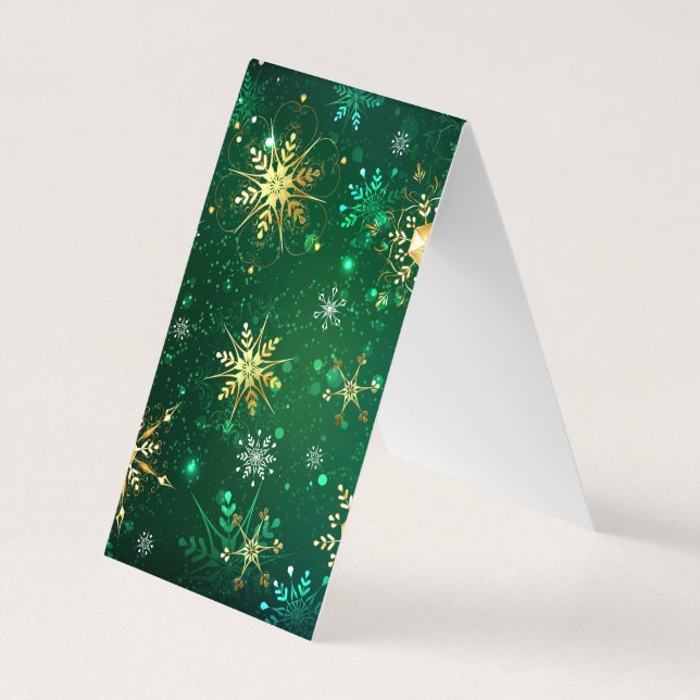 Xmas Golden Snowflakes on Green Background Business Card (Back)