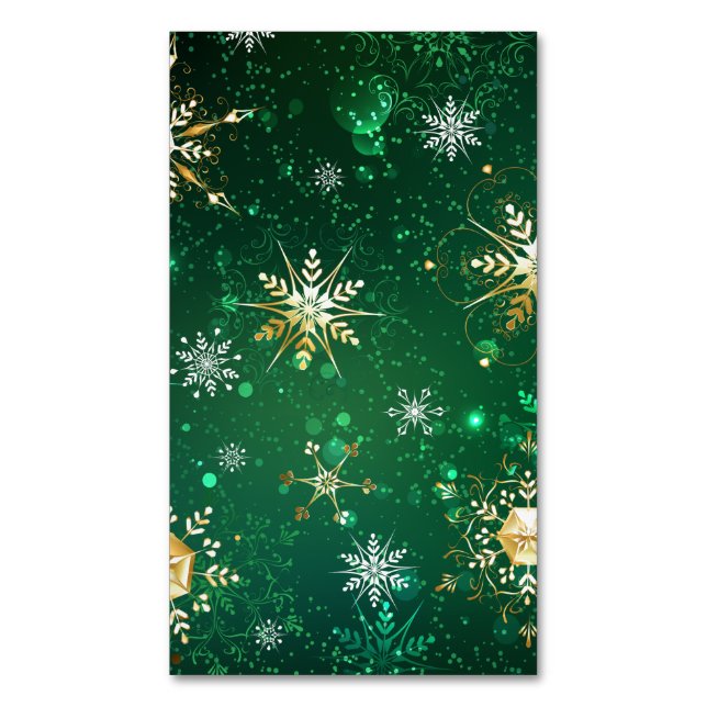 Xmas Golden Snowflakes on Green Background Business Card Magnet (Front Vertical)