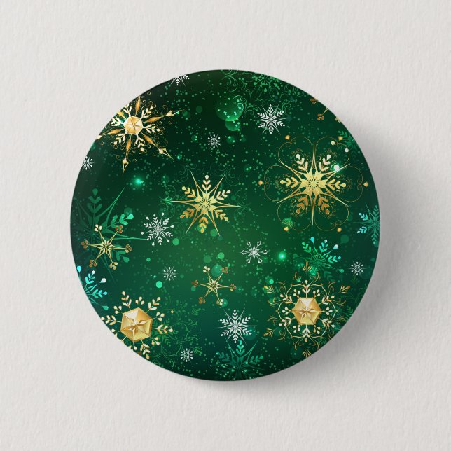 Xmas Golden Snowflakes on Green Background Button (Front)