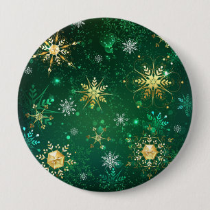 Xmas Golden Snowflakes on Green Background Button