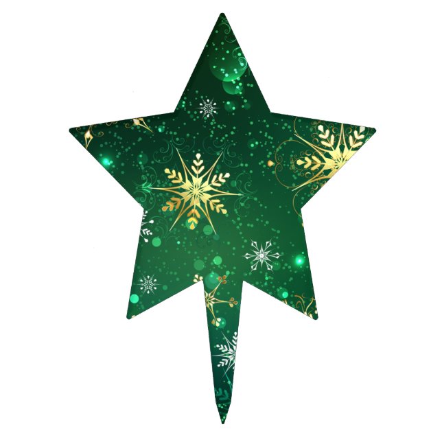 Xmas Golden Snowflakes on Green Background Cake Topper (Front)