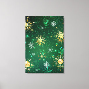 Xmas Golden Snowflakes on Green Background Canvas Print