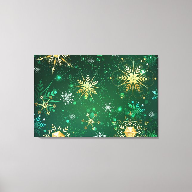 Xmas Golden Snowflakes on Green Background Canvas Print (Front)