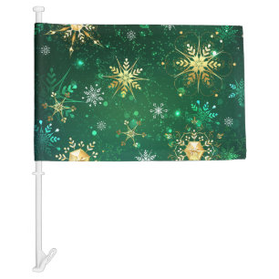 Xmas Golden Snowflakes on Green Background Car Flag