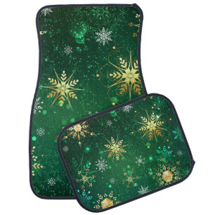 Xmas Golden Snowflakes on Green Background Car Floor Mat