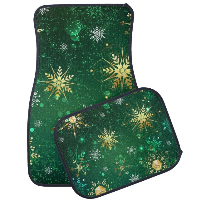 Xmas Golden Snowflakes on Green Background Car Floor Mat (Set)