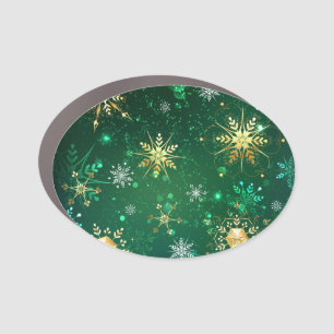 Xmas Golden Snowflakes on Green Background Car Magnet