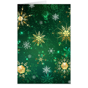 Xmas Golden Snowflakes on Green Background Card