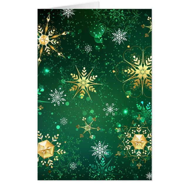 Xmas Golden Snowflakes on Green Background Card (Front)