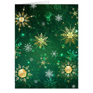 Xmas Golden Snowflakes on Green Background Card