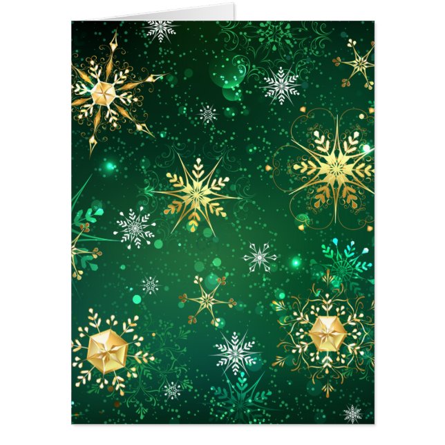 Xmas Golden Snowflakes on Green Background Card (Front)