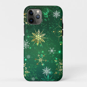 Xmas Golden Snowflakes on Green Background iPhone 11 Pro Case