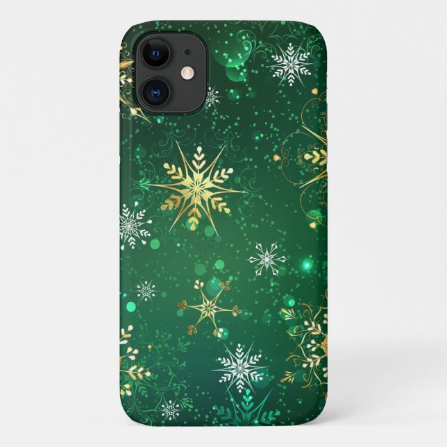 Xmas Golden Snowflakes on Green Background Case-Mate iPhone Case (Back)