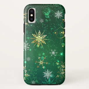 Xmas Golden Snowflakes on Green Background iPhone XS Case