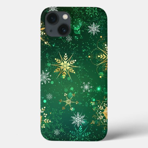 Xmas Golden Snowflakes on Green Background iPhone 13 Case