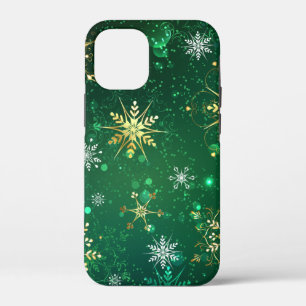 Xmas Golden Snowflakes on Green Background iPhone 12 Mini Case