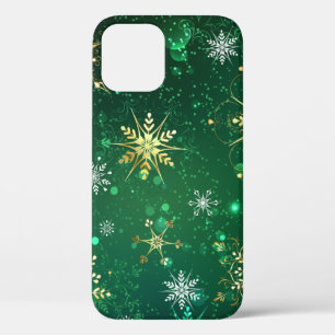 Xmas Golden Snowflakes on Green Background iPhone 12 Pro Case