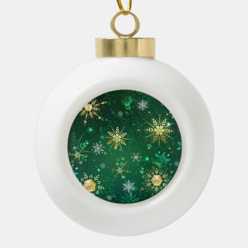 Xmas Golden Snowflakes on Green Background Ceramic Ball Christmas Ornament