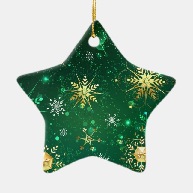 Xmas Golden Snowflakes on Green Background Ceramic Ornament (Front)